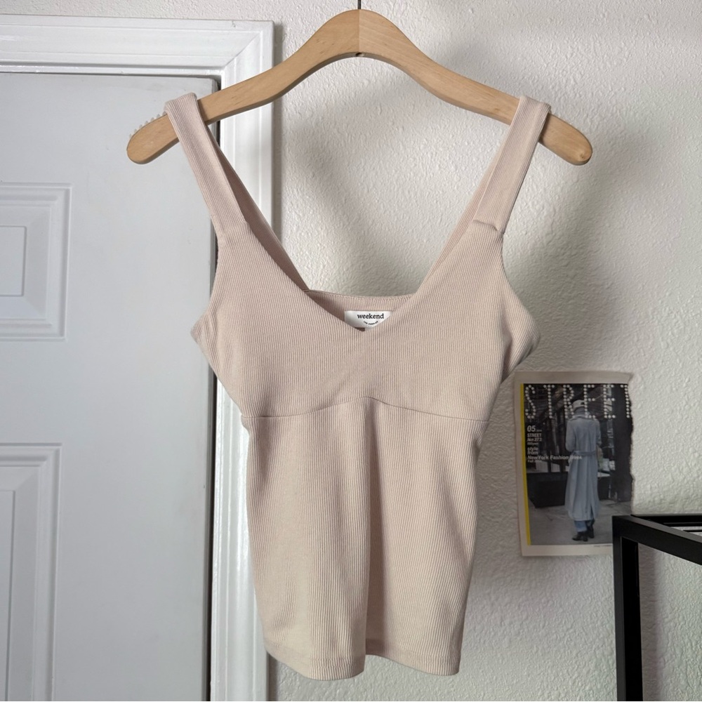 WEEKEND LOS ANGELES cream ivory rib ribbed knit cotton blend cropped tank top